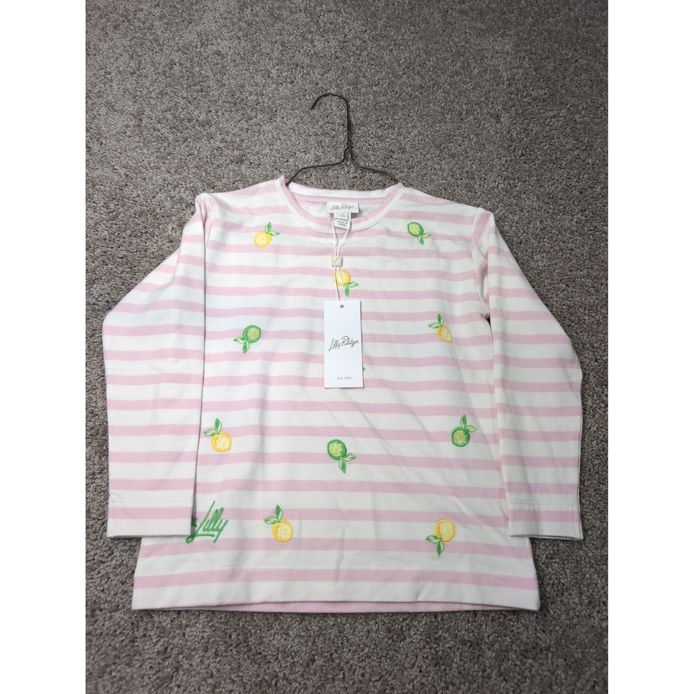 Lilly Pulitzer Mini Lallie Sweatshirt Kids S 4-5 Pink White‎ Striped Fruit Lime